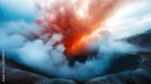 An intense and fiery volcanic eruption viewed from above showcases a dramatic plume of bright orange smoke rising against a turbulent, cloudy grey backdrop scenery. photo