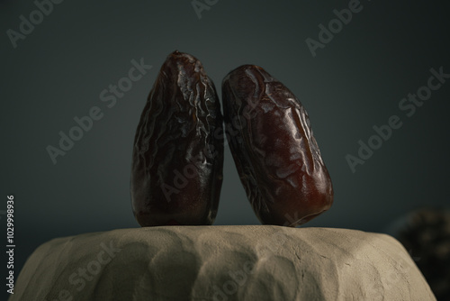 Date fruits on a dark background. Close up. Selective focus. photo