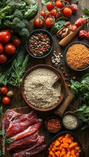 Fresh ingredients for a healthy and delicious meal laid out on a wooden surface.