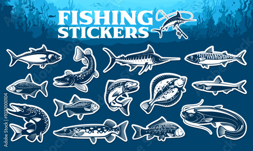 Fishing sport stickers, fishes of sea and ocean or river and lake, vector icons. Fishing stickers for fisher or fisherman sport club of salmon and pike with flounder, sardine and tuna or mackerel