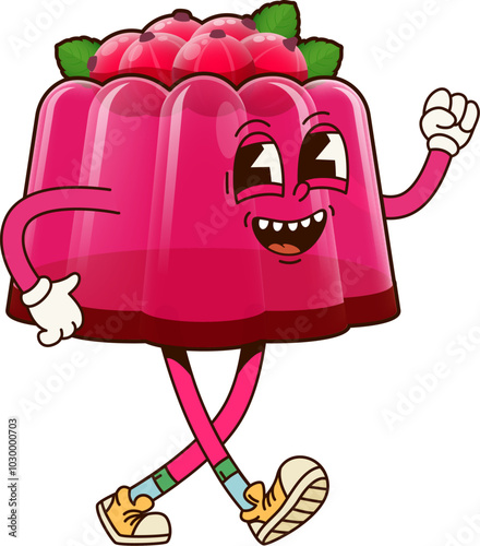 Groovy pudding dessert character. Cartoon vector funny pink jelly sweets personage decorated with red currant berries and mint leaves. Isolated funky fruit pastry. Cute tasty food with smiling face