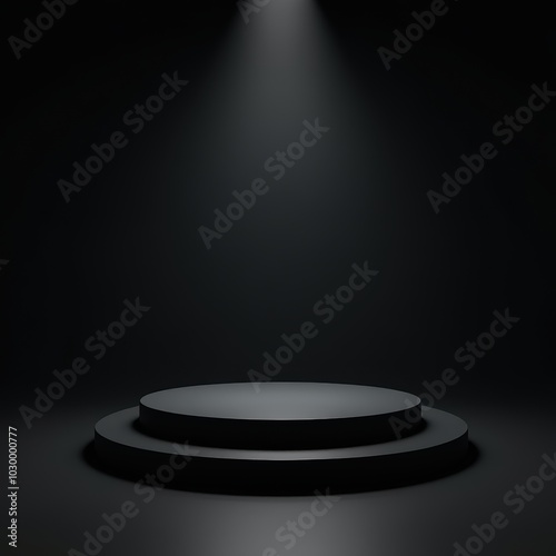 Dark room stage. Black pedestal. 3D rendering.