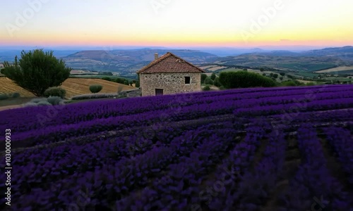 Swift FPV Flight over a beautiful French Provence landscape, blooming lavender fields and rolling hills, weaving between fragrant rows and rustic stone cottages. photo