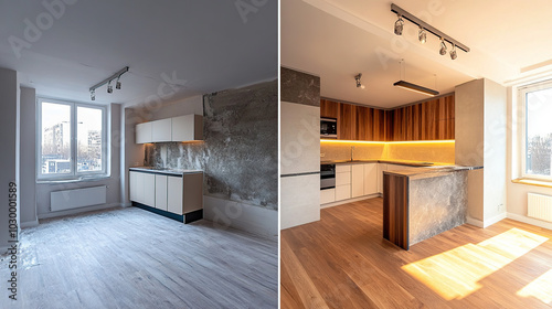 Before and after modern kitchen renovation in an apartment