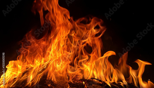 Fire and flames for background. Bright flames background. Texture of fire on a black background. Burning red fire. Large fire in the night.