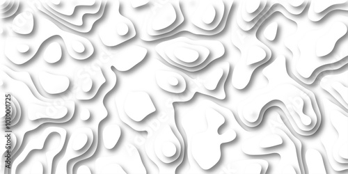 3D Papercut Stylized White Topographic Contour Scheme and Terrain. Geographic mountain terrain. Contour map background. 3D Cartographic Weave with seamless striped patterns and wavy Shapes.