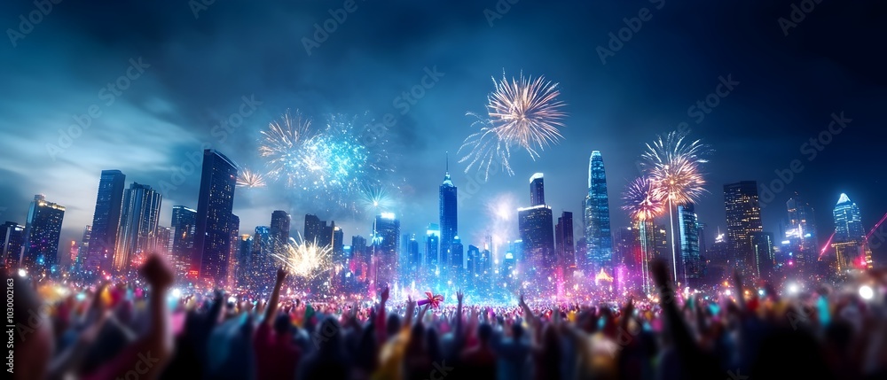 Vibrant New Year s Eve in Bustling City with Fireworks and Lively Crowd Vibrant New Year s Eve in Bustling City with Fireworks and Lively Crowd