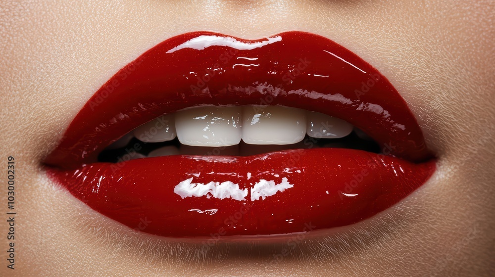 Sexy Lips. Glossy and seductive Lips. Woman’s lips applying bright red lipstick. Beautiful woman lips. Glossy Lips.