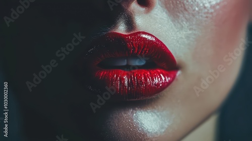 Sexy Lips. Glossy and seductive Lips. Woman’s lips applying bright red lipstick. Beautiful woman lips. Glossy Lips.