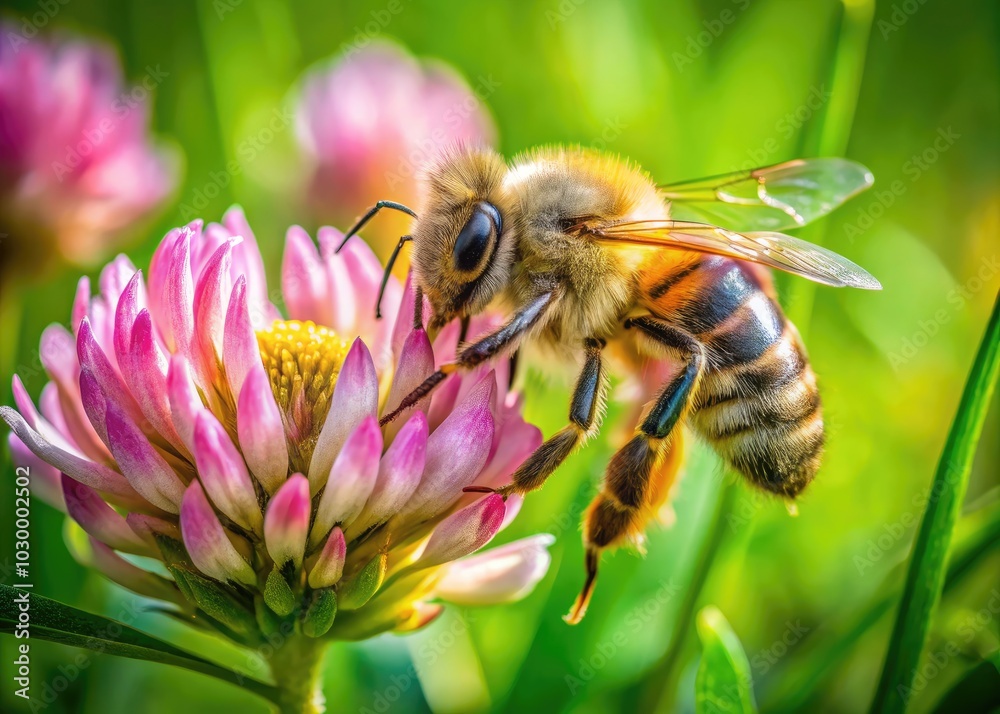 A honeybee hovers over clover blooms in a vibrant lawn, demonstrating its essential role in pollination and the intricate balance of nature's ecosystem. A honeybee hovers over clover blooms in a vibrant lawn, demonstrating its essential role in pollination and the intricate balance of nature's ecosystem.