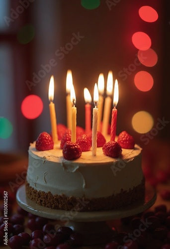 A beautifully decorated cake with lit candles, adorned with red berries, sits on a stand. The background is softly blurred with colorful bokeh lights, adding warmth and festivity