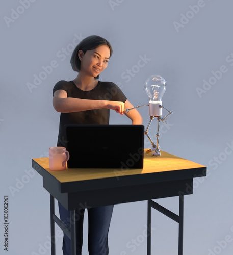 An asian girl in a black t-shirt giving a thumb greeting to a light bulb robot, while standing behind a desk with a coffee mug and a laptop. Concept of idea's and solution. 3D illustration. 