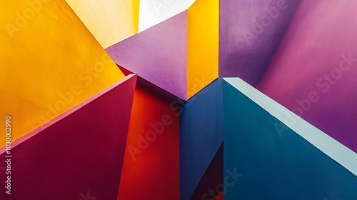 Colorful geometric shapes arranged in an abstract pattern, captured from a flattened vantage point. 