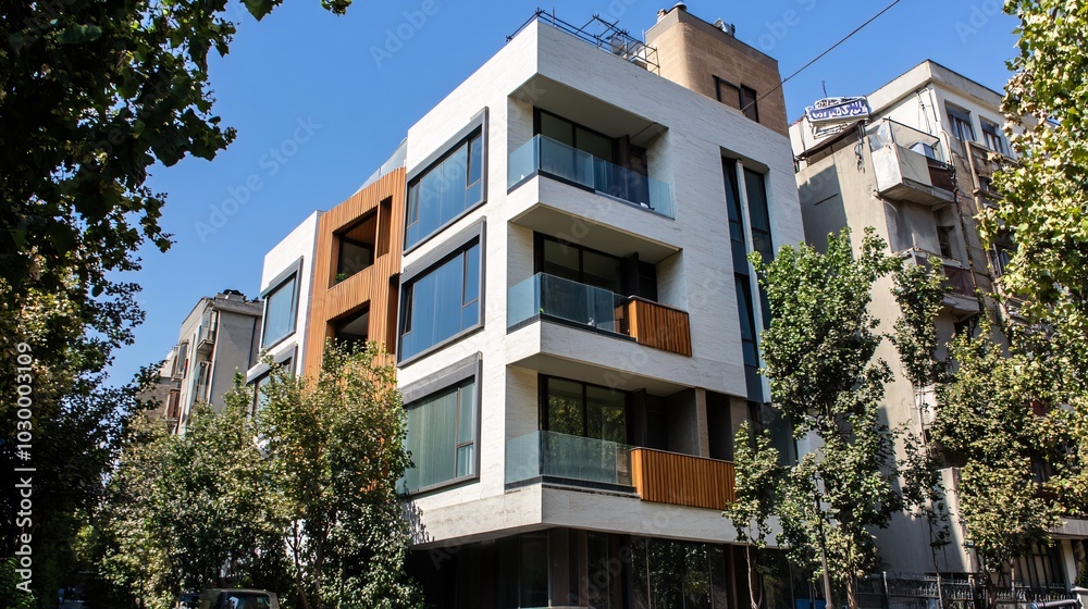 A modern multi-story building featuring large glass balconies and greenery, set against a clear blue sky in an urban environment. A modern multi-story building featuring large glass balconies and greenery, set against a clear blue sky in an urban environment.