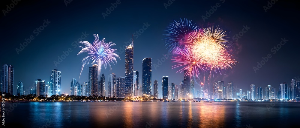 Obraz premium Vibrant Fireworks Bursting Over Dramatic Cityscape on New Year s Eve