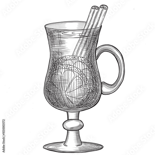 Mulled wine vector illustration in sketch style. Hand drawn line art illustration of traditional spiced wine Christmas drink. Classic holiday punch.