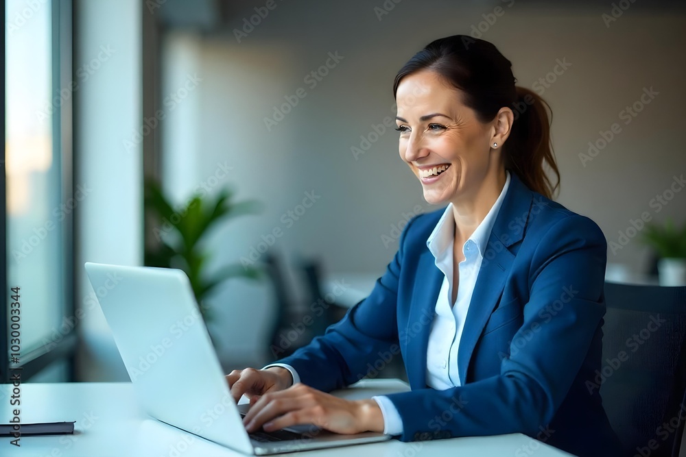 Happy busy mature business woman entrepreneur in office using laptop at work, smiling professional middle aged female company executive manager working looking at computer at workplace Happy busy mature business woman entrepreneur in office using laptop at work, smiling professional middle aged female company executive manager working looking at computer at workplace