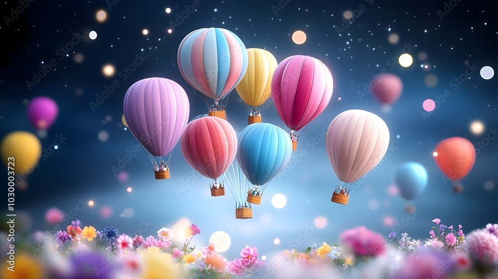 Obraz premium Aerial Dance of Vibrant Balloons Over Dreamlike Countryside Landscape