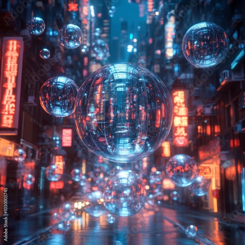 Futuristic city alley with glowing neon signs and transparent orbs floating in the air.