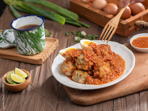 A plate of traditional siomai, a type of Indonesian steamed dumpling served with a spicy peanut sauce and accompanied by hard-boiled eggs. a hand holding a fork is lifting a piece photo