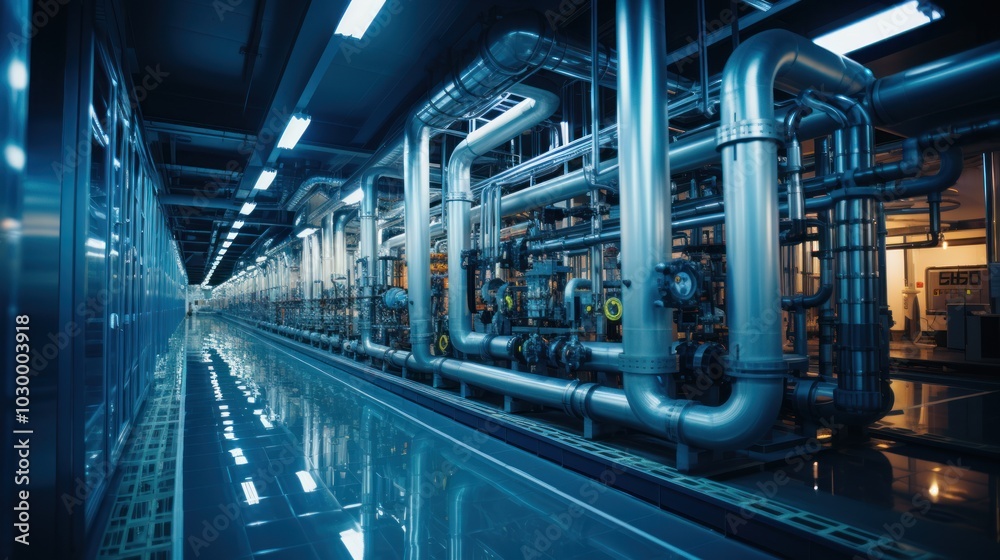 Fototapeta premium Industrial Complex Interior: A View of Interconnected Pipes
