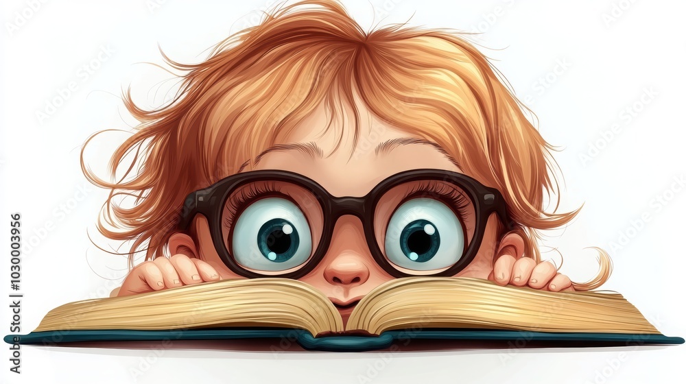 An illustration of a wide-eyed child with oversized glasses intently reading a large open book, showcasing curiosity and focus. An illustration of a wide-eyed child with oversized glasses intently reading a large open book, showcasing curiosity and focus.