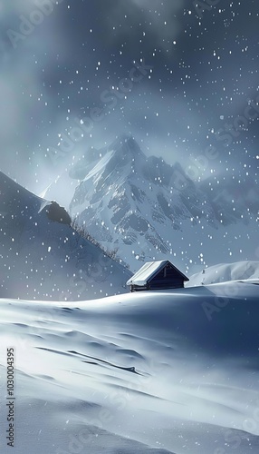 Dramatic winter scene a small shelter surrounded by snow amidst a fierce blizzard landscape