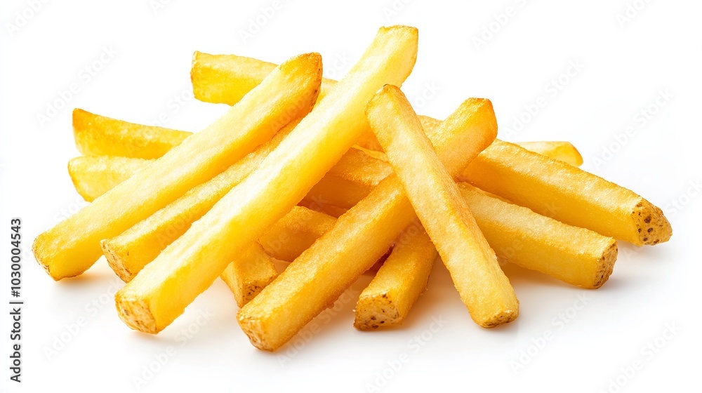 Crisp and golden French fries, isolated on a pure white background, tantalize the taste buds with their irresistible crunch and savory flavor. Crisp and golden French fries, isolated on a pure white background, tantalize the taste buds with their irresistible crunch and savory flavor.