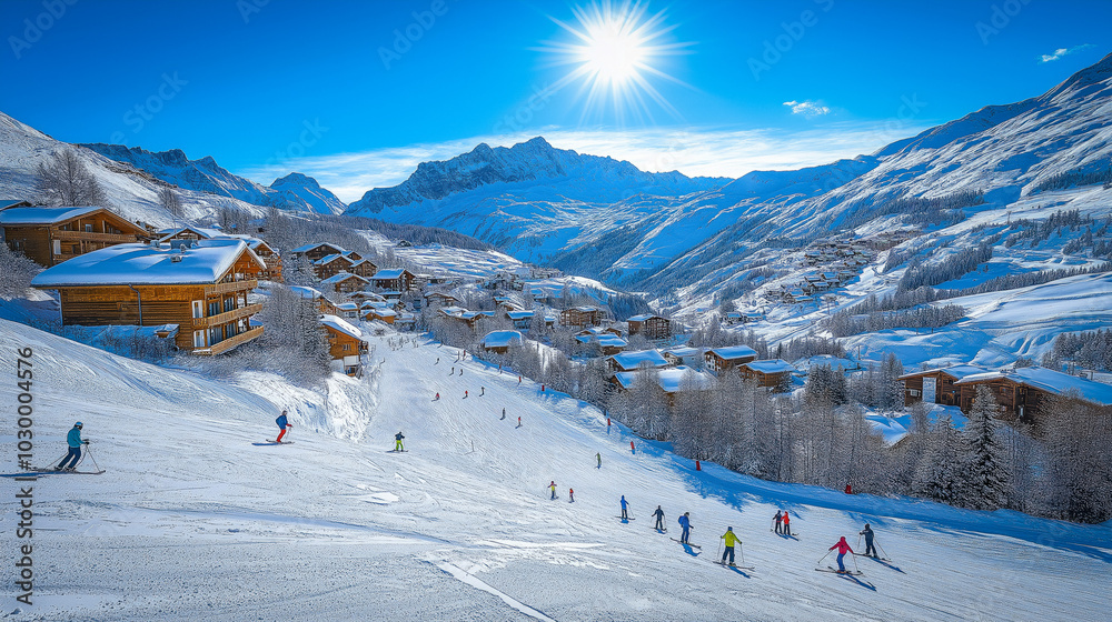 Wallpaper Depicting A Breathtaking Snow-Covered Mountain Landscape With Skiers Gracefully Gliding Down The Slopes Under A Clear Blue Sky Wallpaper Depicting A Breathtaking Snow-Covered Mountain Landscape With Skiers Gracefully Gliding Down The Slopes Under A Clear Blue Sky