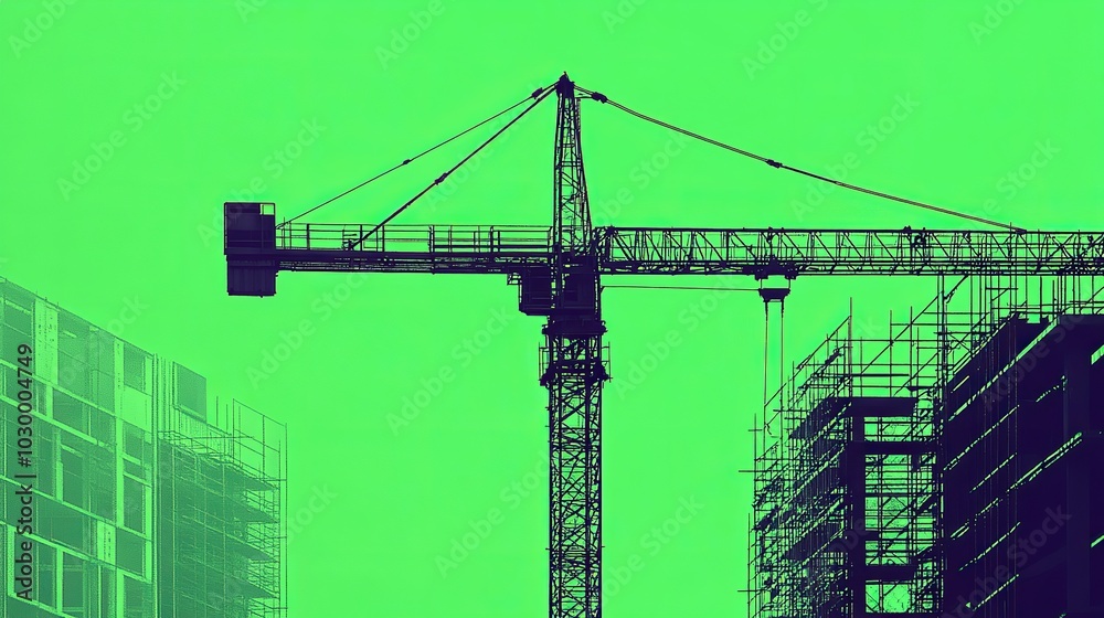 Fototapeta premium Construction is underway on a linear architectural project featuring a crane. The backdrop is a vibrant green, contrasting with the industrial elements.