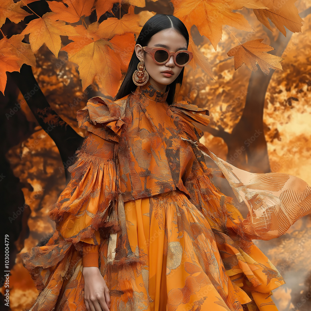 Fototapeta premium Fashion design A model wearing an orange floral dress with ruffled sleeves and sunglasses, standing in front of autumn leaves. The background is an abstract forest scene with falling golden leaves