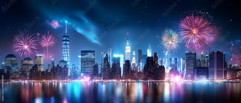 Fototapeta premium Twinkling Skyscrapers and Vibrant Fireworks Lighting Up the Lively New Year s Eve Cityscape
