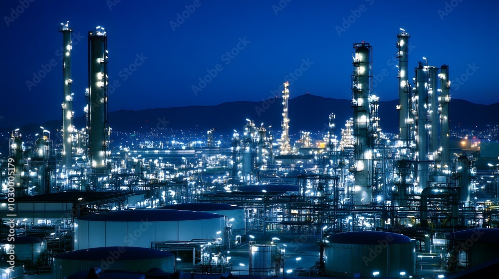 Fototapeta premium A city skyline at night with many tall buildings and a large industrial area. The lights from the buildings and factories create a bright and bustling atmosphere