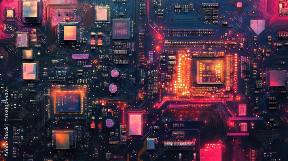 Close-up of a circuit board with glowing components. Close-up of a circuit board with glowing components.