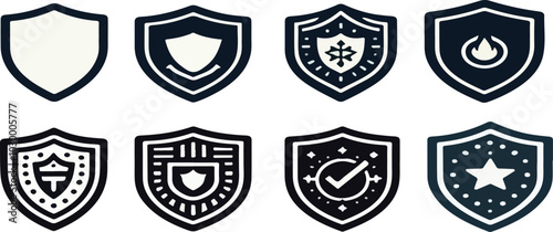 Print  Shield icon set in vintage style. Protect shield security line icons. Badge quality symbol, sign, logo or emblem. Vector illustration.