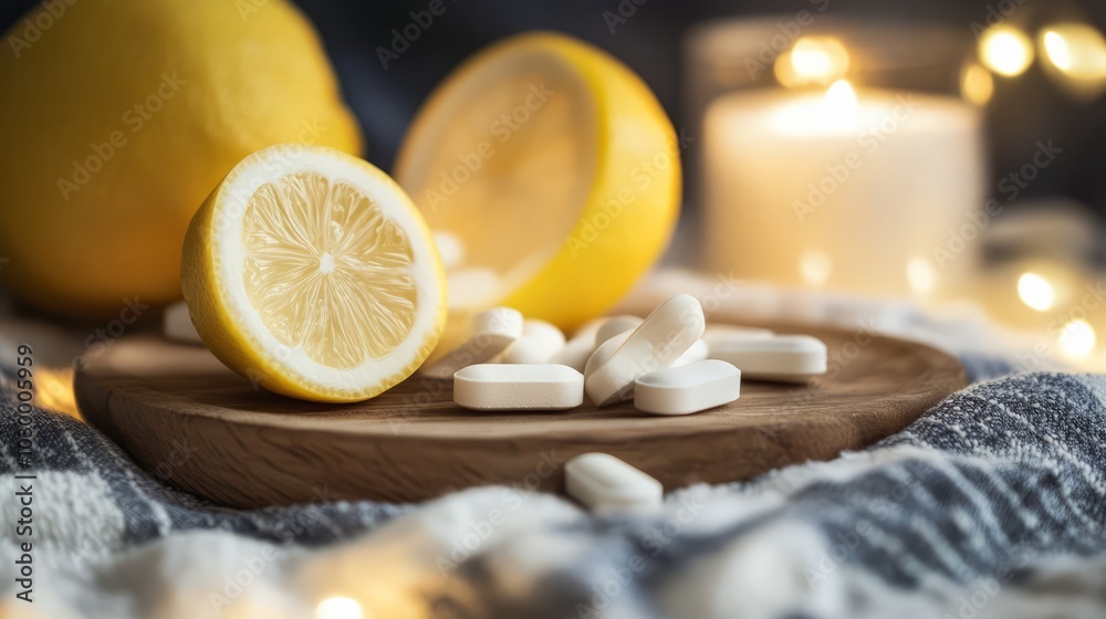 Lemon and Pills: A close-up shot of a halved lemon and white pills on a wooden board, inviting viewers to explore natural wellness and remedy concepts.