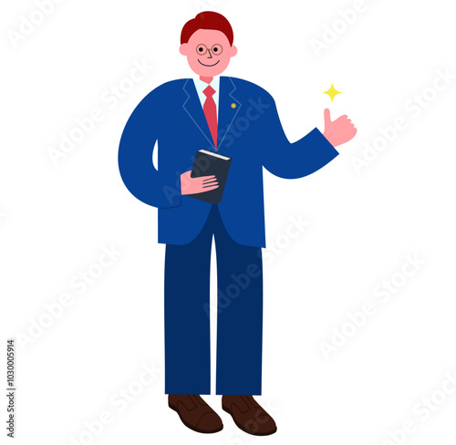 条文集（六法全書）を持った弁護士の男性が親指を立てている全身のイラスト