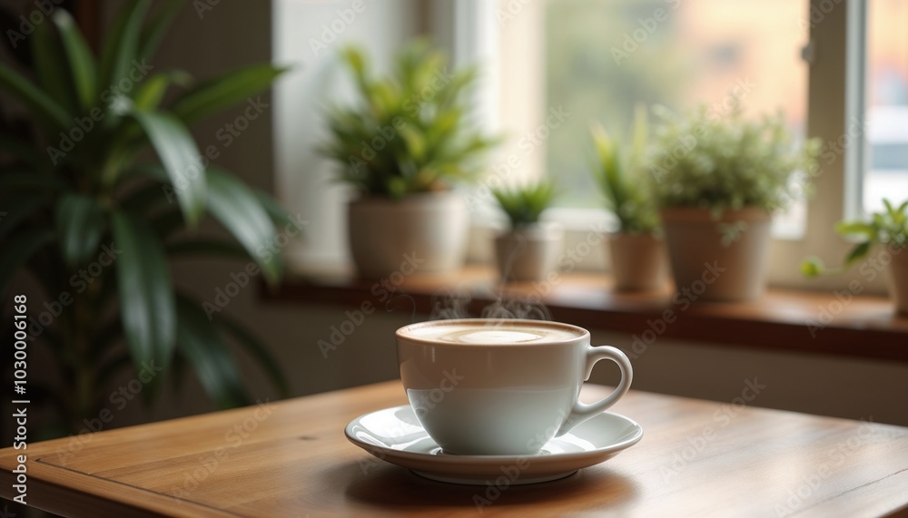 Steaming coffee cup, serene atmosphere, enjoying beverage, calm indoor setting Steaming coffee cup, serene atmosphere, enjoying beverage, calm indoor setting