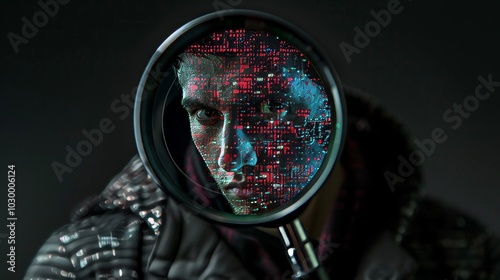 Intricate portrait of a hacker under a magnifying glass against a dramatic black background