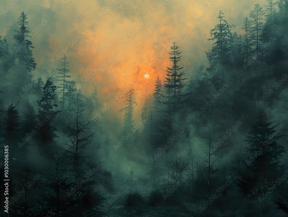 Naklejka premium Enchanted Forest Sunset: A Mystical Landscape