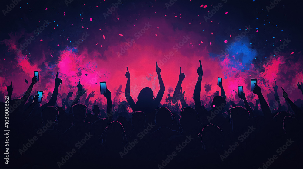 Wallpaper With Simple Line Art Of A Crowd Rocking Out, Holding Up Their Hands And Phones, Against A Black Background With Splashes Of Neon Colors Wallpaper With Simple Line Art Of A Crowd Rocking Out, Holding Up Their Hands And Phones, Against A Black Background With Splashes Of Neon Colors