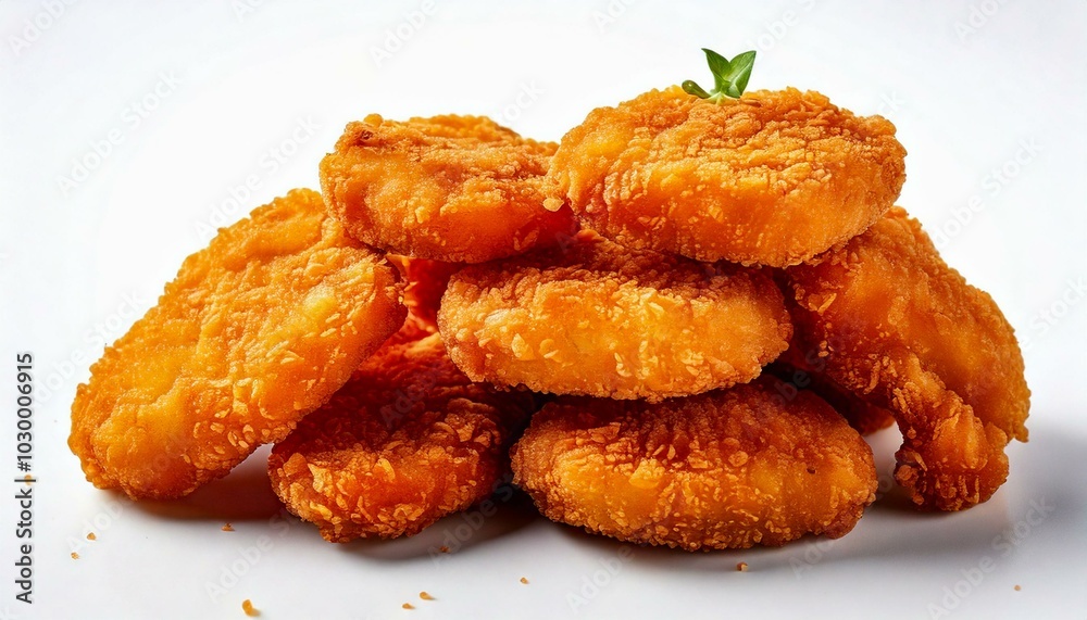 Crispy chicken nuggets arranged in various stacks and positions on a white background Crispy chicken nuggets arranged in various stacks and positions on a white background
