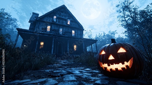 Eerie halloween night a spooky house and jack-o'-lantern under a full moon glow