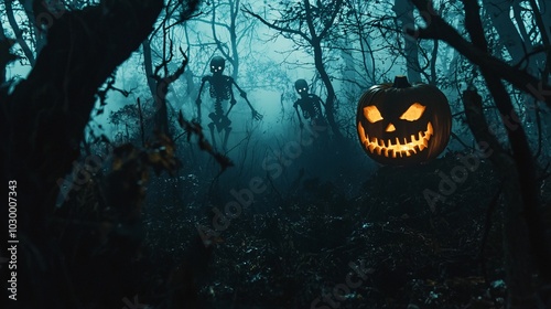 Eerie skeletons and a grinning pumpkin await in the sinister forest perfect for your halloween celebrations and spooky decor ideas