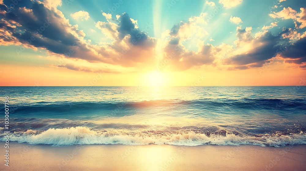 Fototapeta premium Tranquil Sunset Over the Ocean: A Serene Beach Scene for Relaxation and Travel Subtle Blur Background with Space for Custom Text