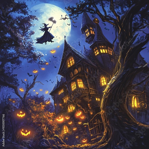 Enchanting halloween night a witch flies over a spooktacular haunted house amidst pumpkins and full moon glow