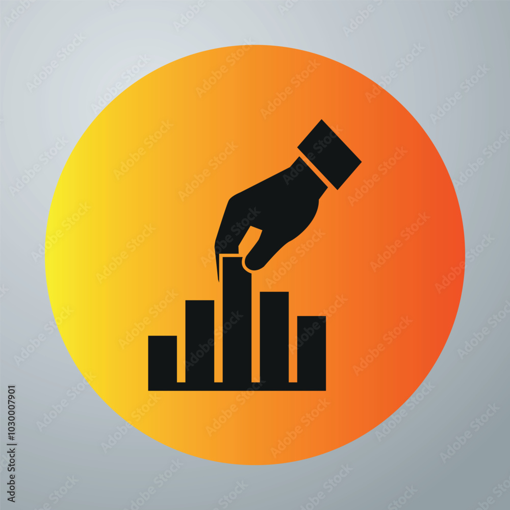 Bright flat icon with an illustration of a diagram and a hand. Yellow creative icon. Vector on a gray background Bright flat icon with an illustration of a diagram and a hand. Yellow creative icon. Vector on a gray background