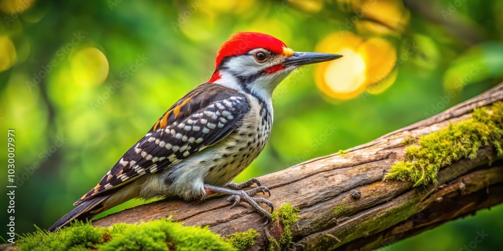 Fototapeta premium A striking woodpecker sits gracefully on a tree branch, framed by a lush, natural environment. This enchanting wildlife shot captures the essence of untamed beauty.