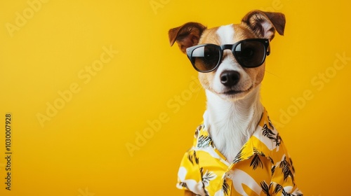 A playful Jack Russell Terrier dressed in a vibrant summer outfit with cool sunglasses, standing and staring at the camera. photo