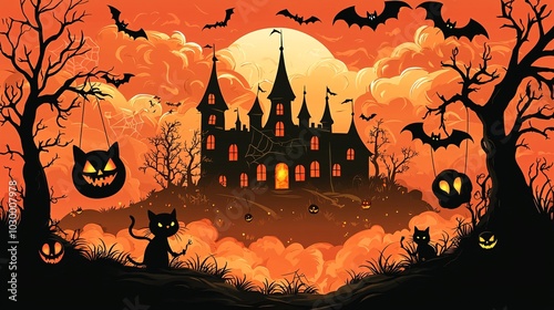 Spooky night at the haunted castle a halloween adventure with ghostly cats and creepy bats under the full moon